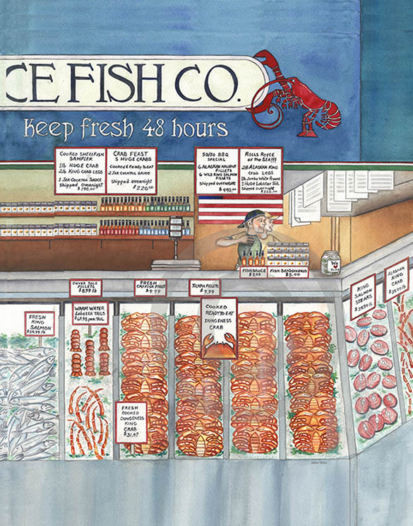 Pike Place Market watercolor; Seattle art; Fish market painting; Seattle gift idea; Seattle landmark art; Seattle waterfront art; Seattle home decor; Seattle watercolor painting; Seattle gift; Restaurant deco; Pike Place Fish Market